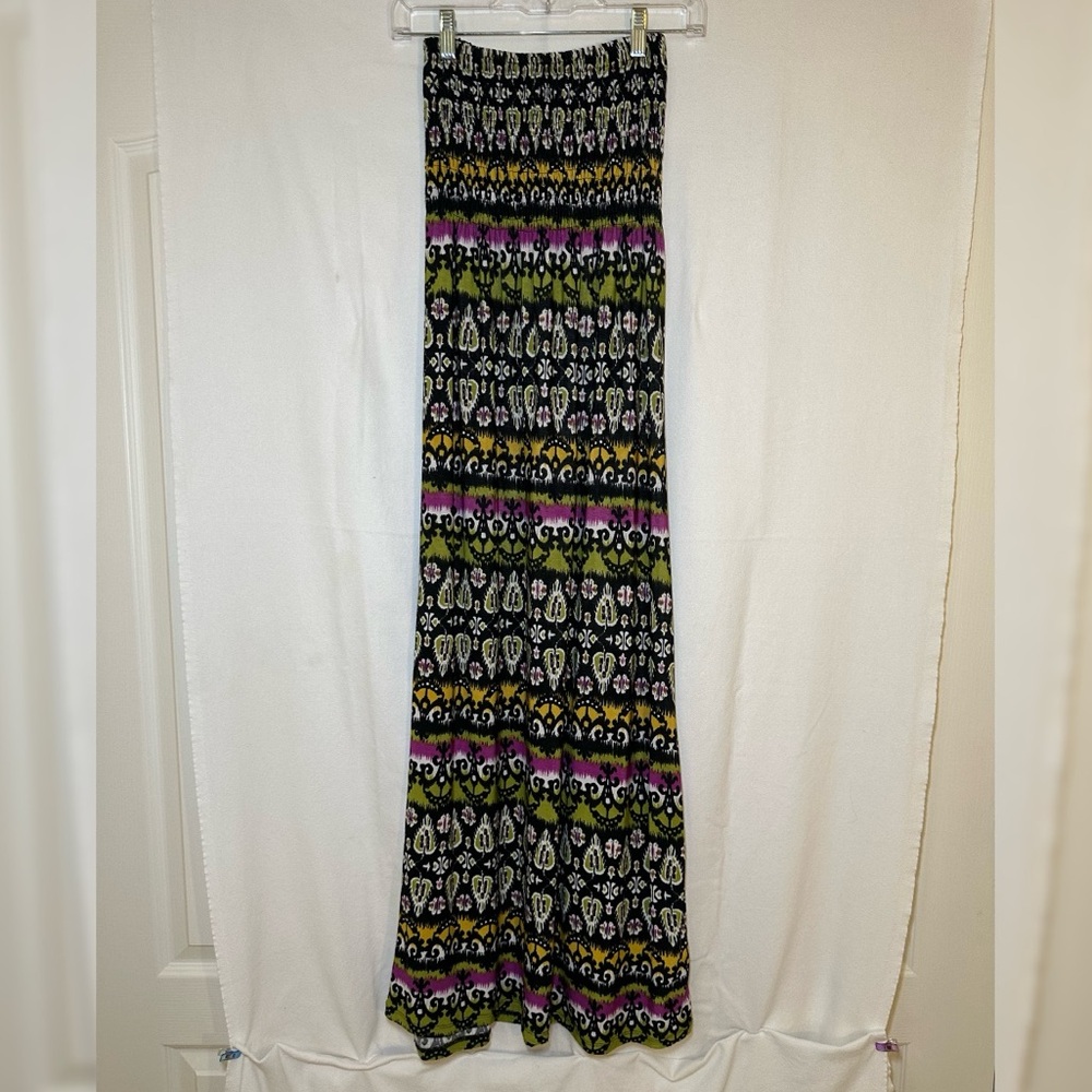 Black and multi-colored strapless maxi dress with a boho vibe